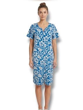Secret Treasures Blue Tropical Floral Button Front Nightgown House Dress Medium